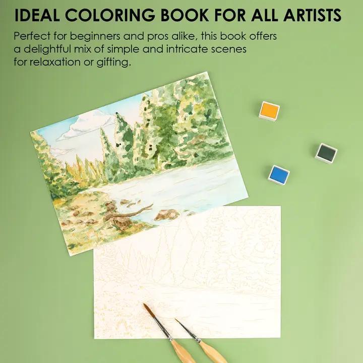 Coloring book with nature-themed pages on a green background, surrounded by paintbrushes and color swatches.
