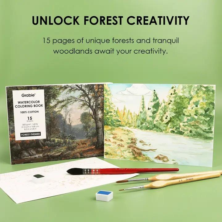 Grabie Forest Watercolor Coloring Book – 15 Sheets, 100% Cotton Paper