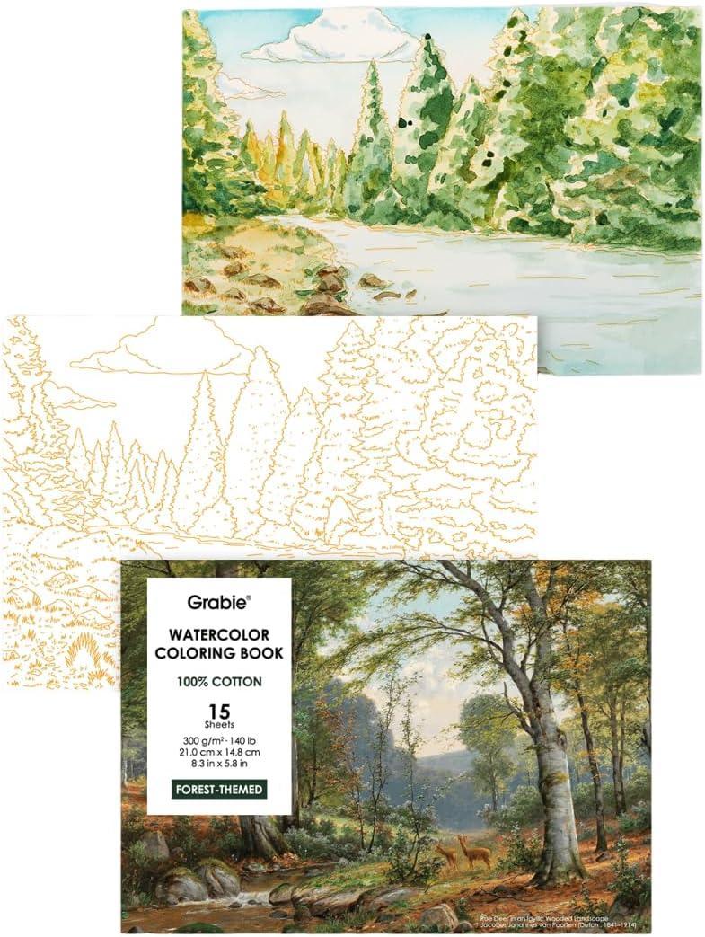 Grabie Forest Watercolor Coloring Book – 15 Sheets, 100% Cotton Paper