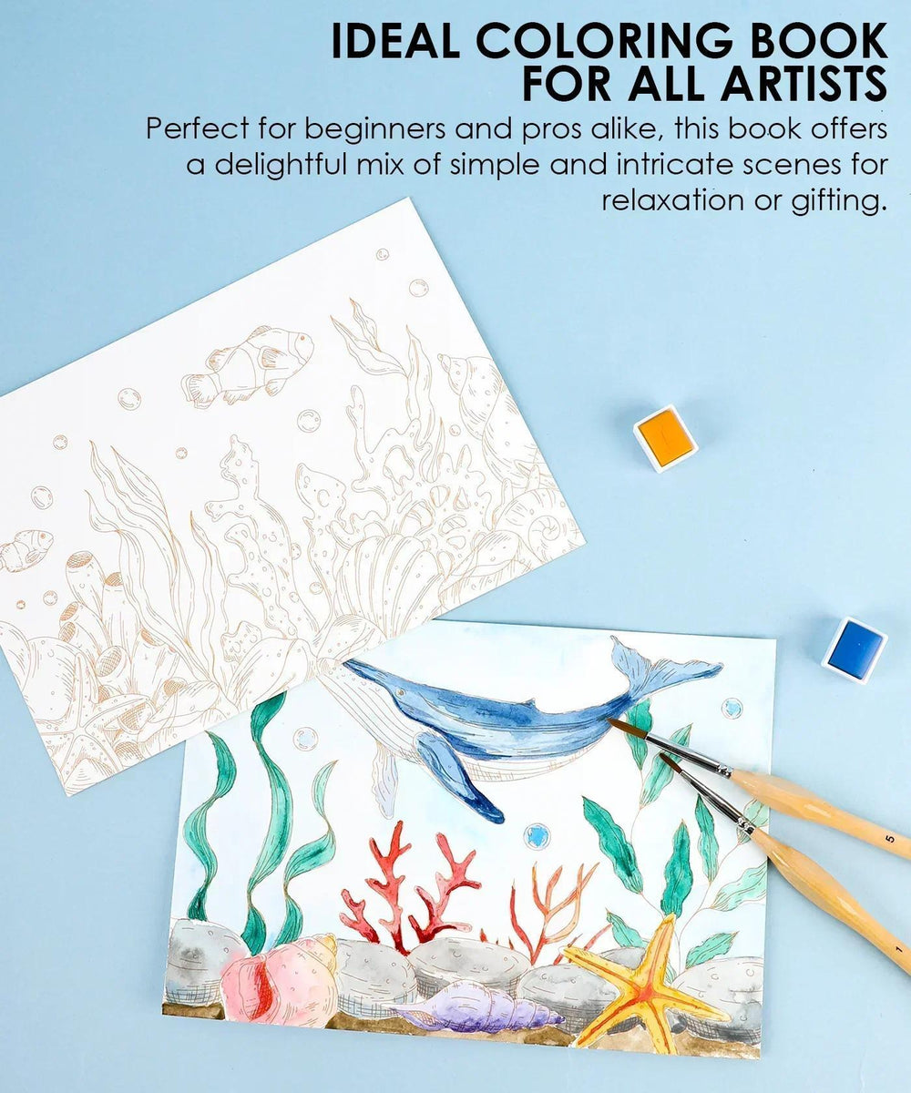 Coloring book with underwater-themed pages on a blue background, featuring a paintbrush and coloring tools.