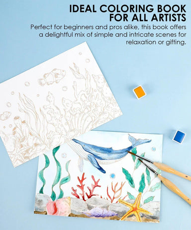 Coloring book with underwater-themed pages on a blue background, featuring a paintbrush and coloring tools.