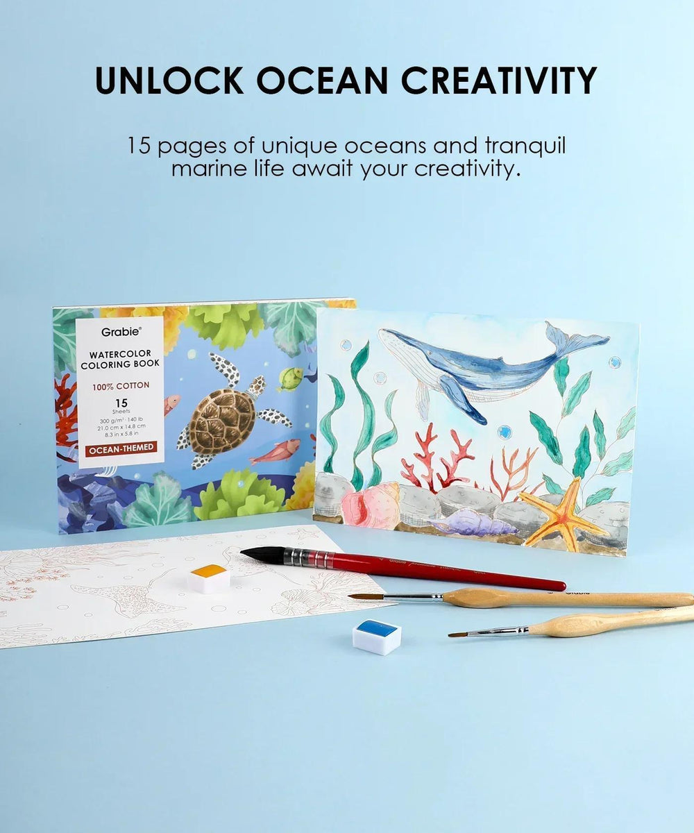 Watercolor coloring book with ocean-themed illustrations on a blue background, featuring a turtle, dolphin, and starfish.