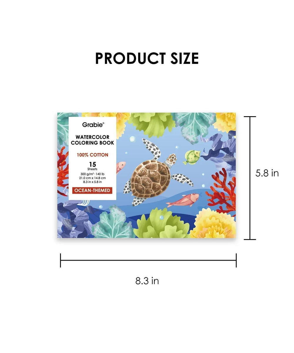 Grabie watercolor coloring book with ocean-themed design and product size dimensions.