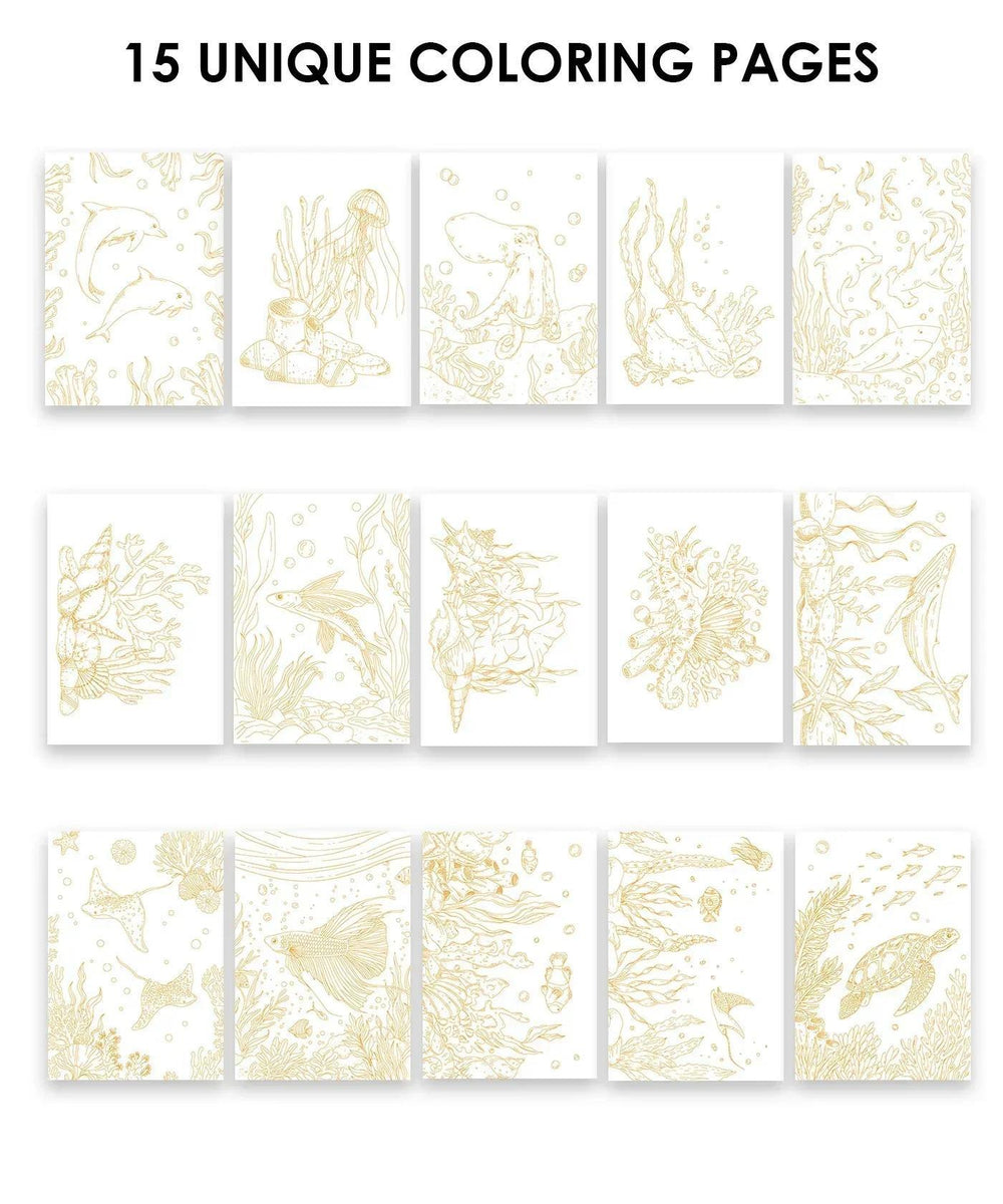 Set of 15 unique coloring pages with gold designs on a white background.
