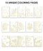 Set of 15 unique coloring pages with gold designs on a white background.