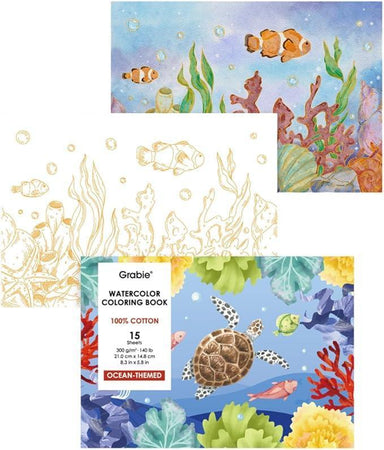 Grabie watercolor coloring book with ocean-themed illustrations including fish, turtles, and coral.