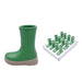 Green rubber boot with beige sole and a tray of smaller green boots on a white background