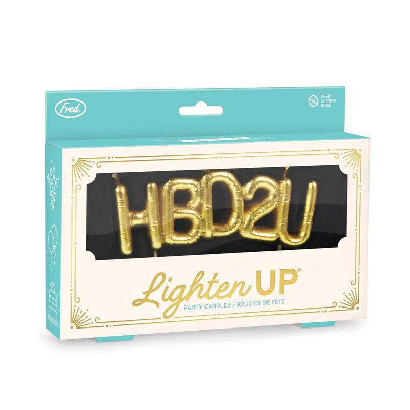 Packaging of 'HBD2U' gold foil balloons with 'Lighten UP' branding on a white background.
