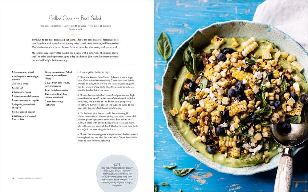 Recipe book page with a bowl of salad on a blue background