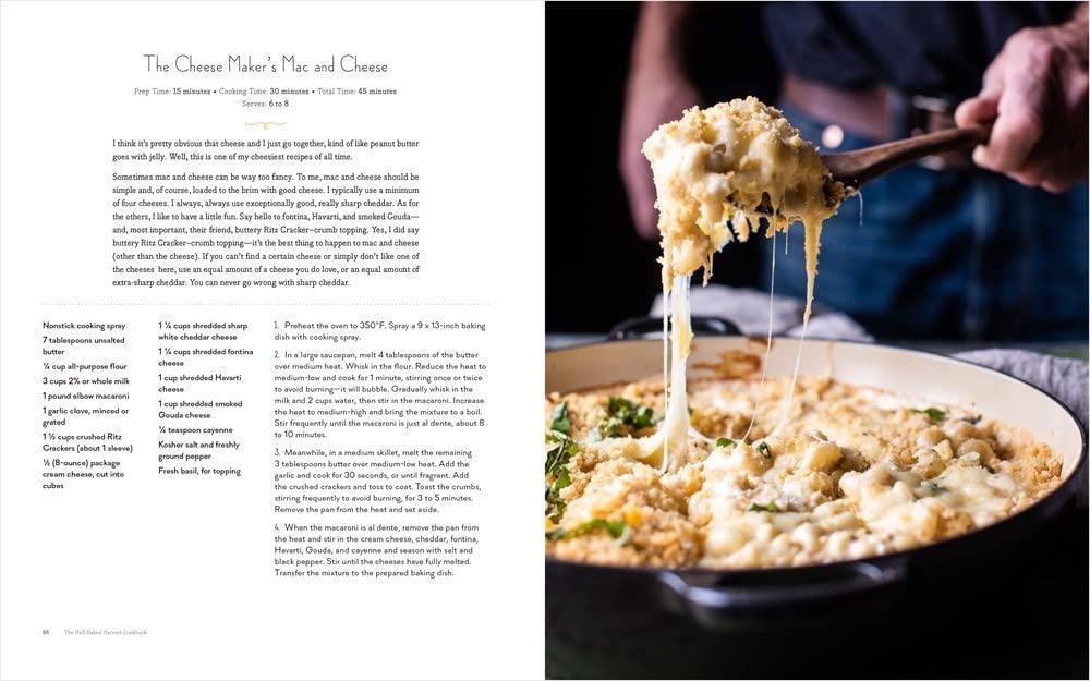 Recipe page with a dish of macaroni and cheese being served.