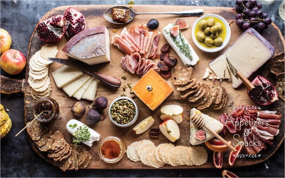 Assorted meats, cheeses, and crackers on a wooden board with 'Appetizers & Snacks' text.