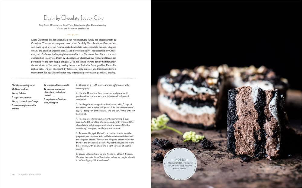 Book page with text and a chocolate ice cream cake on a dark background