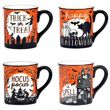 Four Halloween-themed ceramic mugs arranged in a 2x2 grid on a white background. Each mug features a black handle and base with an orange and black printed design: one says 'Trick or Treat' with a witch and tombstones, one says 'Happy Halloween' with pumpkins and a cat, one says 'Hocus Pocus' with a cauldron and witch, and one says 'Stay and See a Spell' with a haunted house.