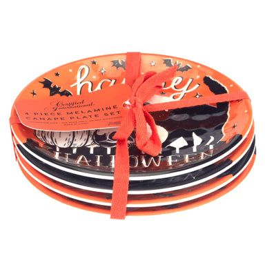Set of Halloween-themed melamine canape plates with decorative packaging.