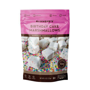 Packaging of Hammond's Birthday Cake Marshmallows with pink and brown design.