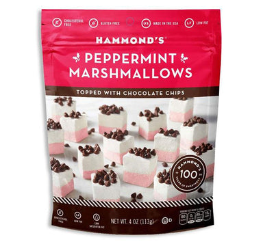 Packaging of Hammond's Peppermint Marshmallows with chocolate chips on a white background
