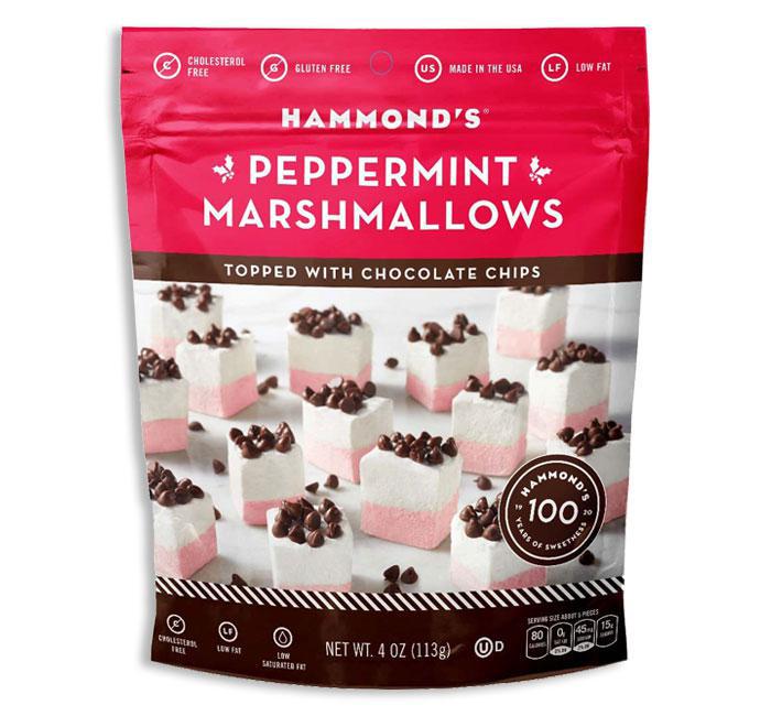 Packaging of Hammond's Peppermint Marshmallows with chocolate chips on a white background