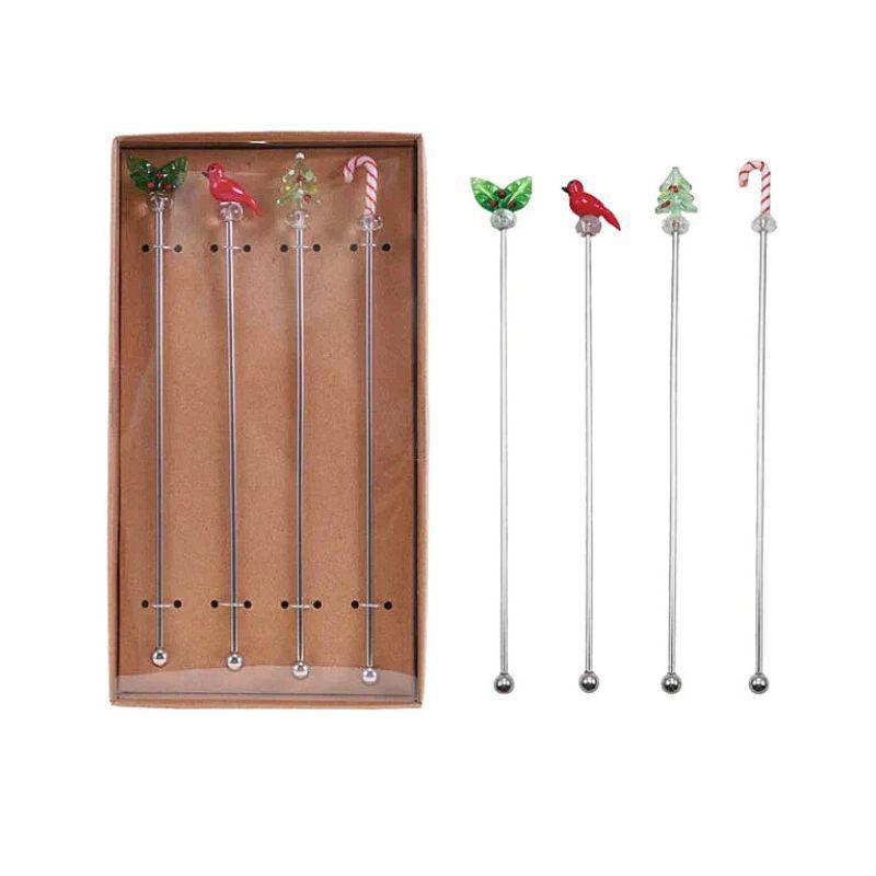Hand-Blown Glass Cocktail Stirrers – Set of 4, Multi-Color