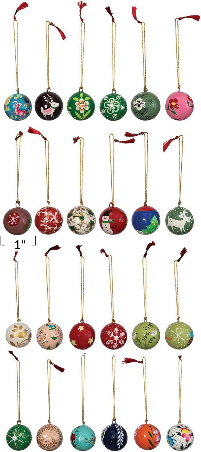 Hand-Painted 1" Paper Mache Ball Ornaments - Unique Holiday Charm