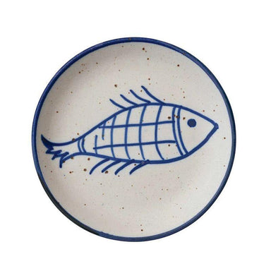Hand-Painted Stoneware Plate with Fish – 7" Round Blue & Cream