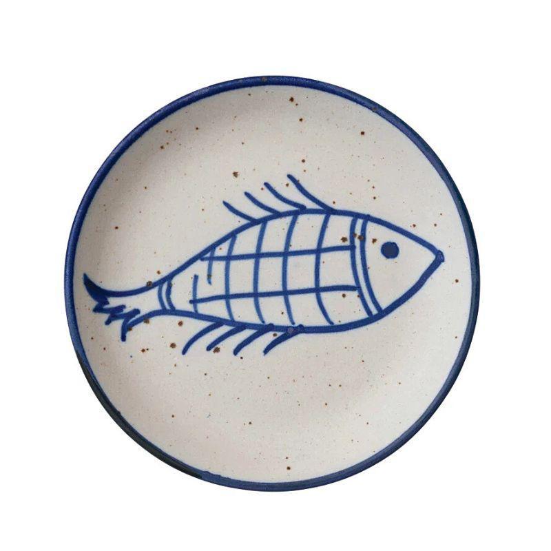 Hand-Painted Stoneware Plate with Fish – 7" Round Blue & Cream