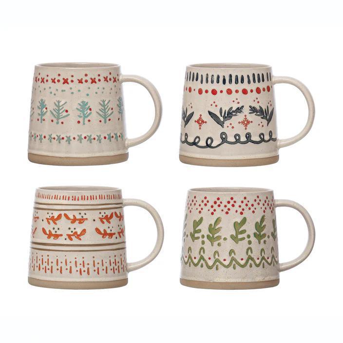 Hand-Stamped Holiday Stoneware Mug – 16oz, Assorted Designs