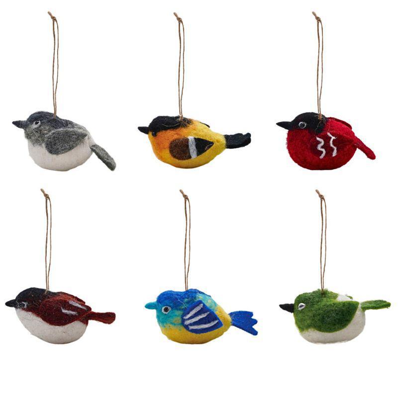 Handmade Wool Felt Bird Ornaments – Set of 6, 4" x 5"
