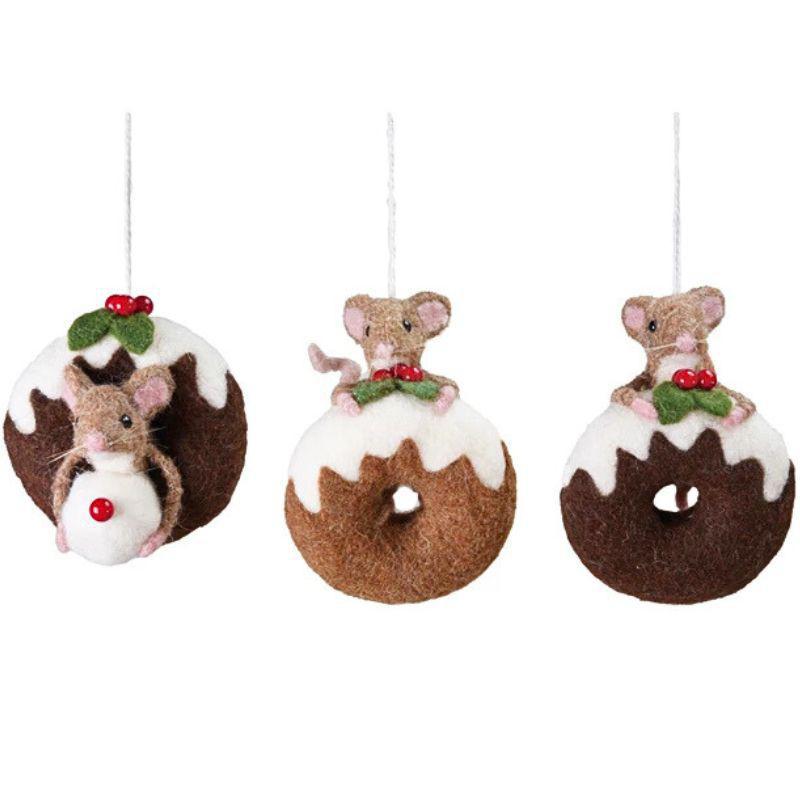 Handmade Wool Felt Mouse on Doughnut Ornament – 3 Styles