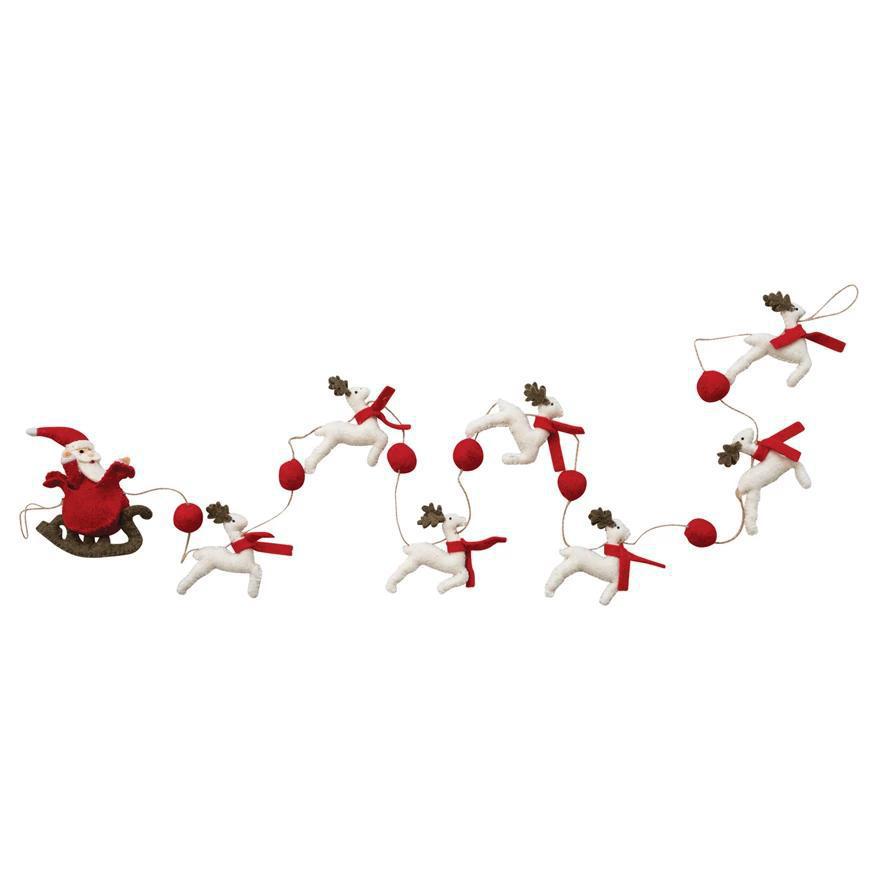 Handmade Wool Felt Santa in Sleigh & Reindeer Garland - XS8108