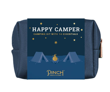 Camping kit with 'Happy Camper' text and 'Pinch Provisions' branding on a blue background.