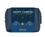Camping kit with 'Happy Camper' text and 'Pinch Provisions' branding on a blue background.