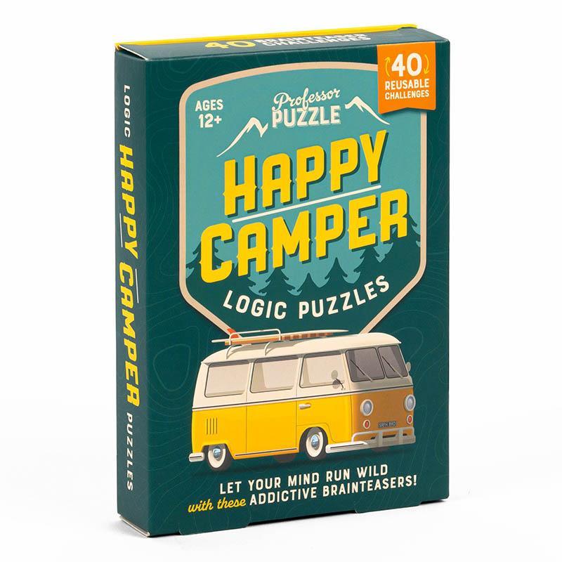 Happy Camper logic puzzles packaging with a vintage van illustration on a teal background