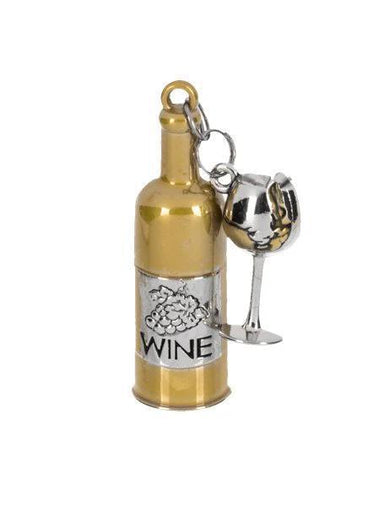 Gold wine bottle charm with a silver wine glass on a white background