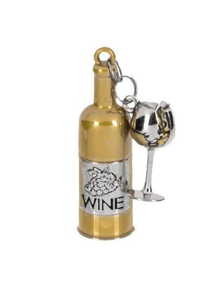 Gold wine bottle charm with a silver wine glass on a white background