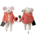 Two plush mouse toys in pink coats holding flowers on a white background