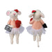 Two plush toys resembling a mouse and a rabbit in dresses with heart and 'I Love You' elements on a white background.