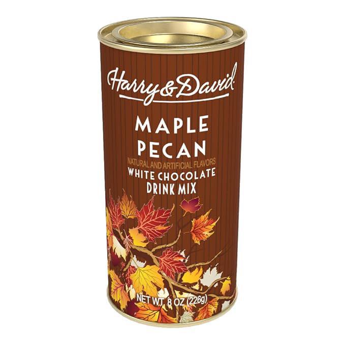 Can of Harry & David Maple Pecan White Chocolate Drink Mix with autumn leaf design on a white background