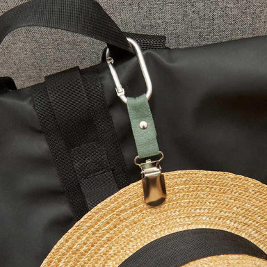 Hat clip, Strap with carabiner attached to a black bag, with a straw hat on top.