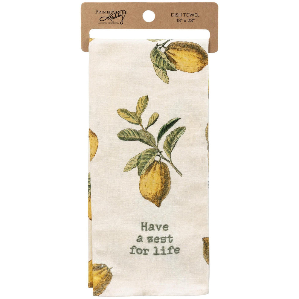 Dish towel with lemon design and text 'Have a zest for life' on a white background