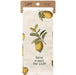 Dish towel with lemon design and text 'Have a zest for life' on a white background