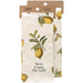Dish towel with lemon design and text 'Have a zest for life' in packaging