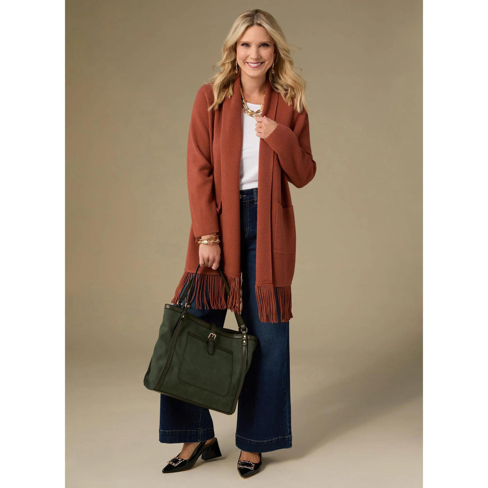 Heavenly-Luxe Mid Length Cardigan w/ Fringe - Nutmeg