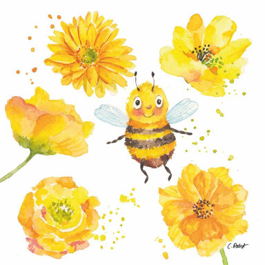 Illustration of a bee surrounded by yellow flowers on a white background