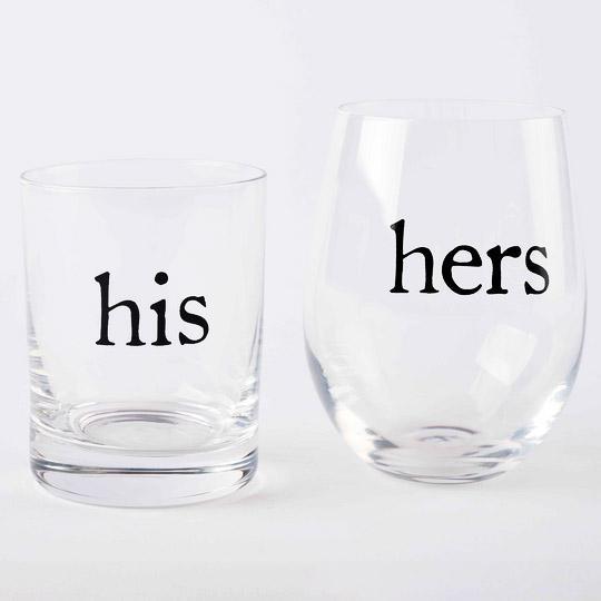 His & Hers Glass Set: wine glass and a double old-fashioned glass 