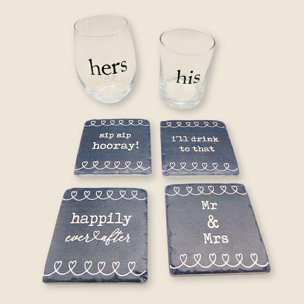 Set of four coasters with humorous text and two glasses labeled 'hers' and 'his' on a light background.