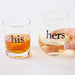 Two glasses labeled 'his' and 'hers' filled with liquid on a white background