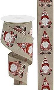 Holiday Gnome Linen Ribbon - 2.5" Wide, Wired Edge (10 Yards)
