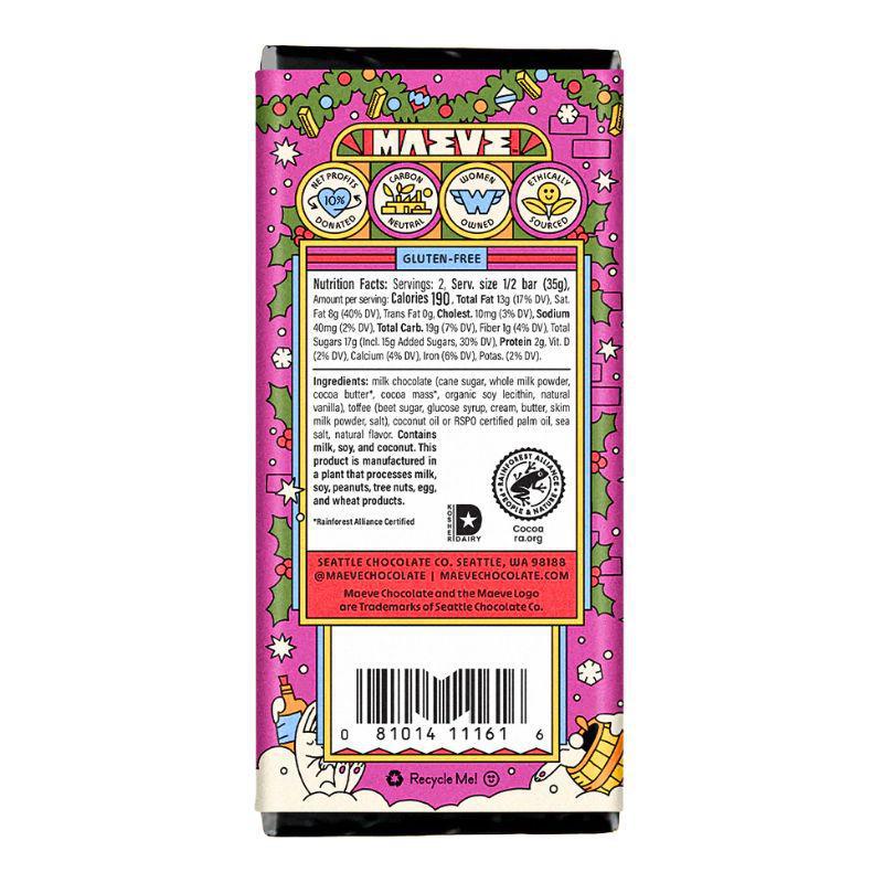Back view of a colorful chocolate bar packaging with branding and nutritional information.