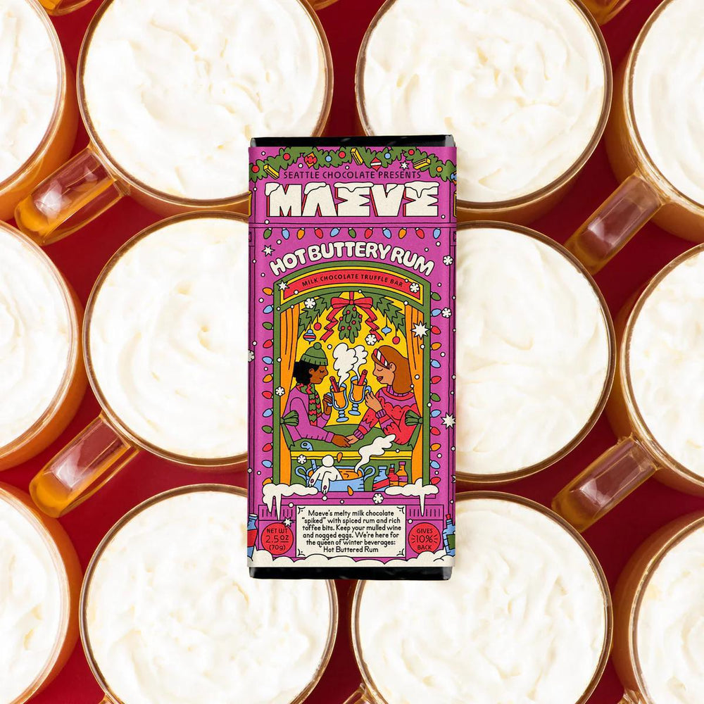 Maeve Hot Buttery Rum packaging with a colorful design on a red background with mugs.