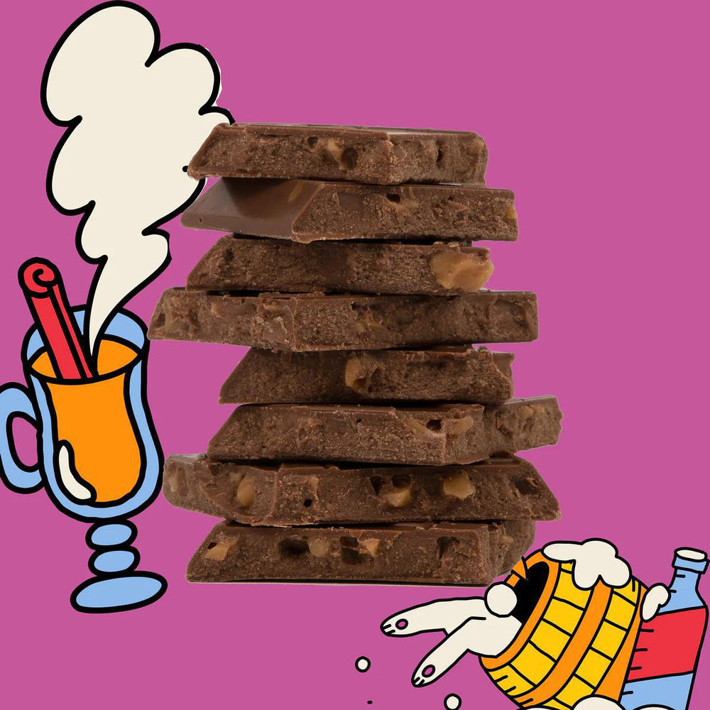 Stack of chocolate cookies with a cartoon cup and character on a pink background